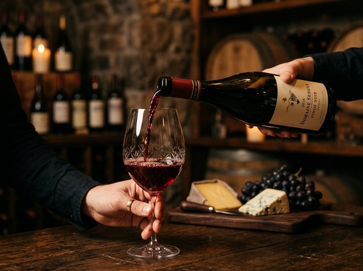 Fine red wine pouring into a crystal glass at Good Times Liquor Store
