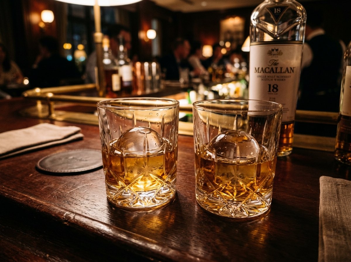 Amber whiskey glasses with round ice on a premium bar counter